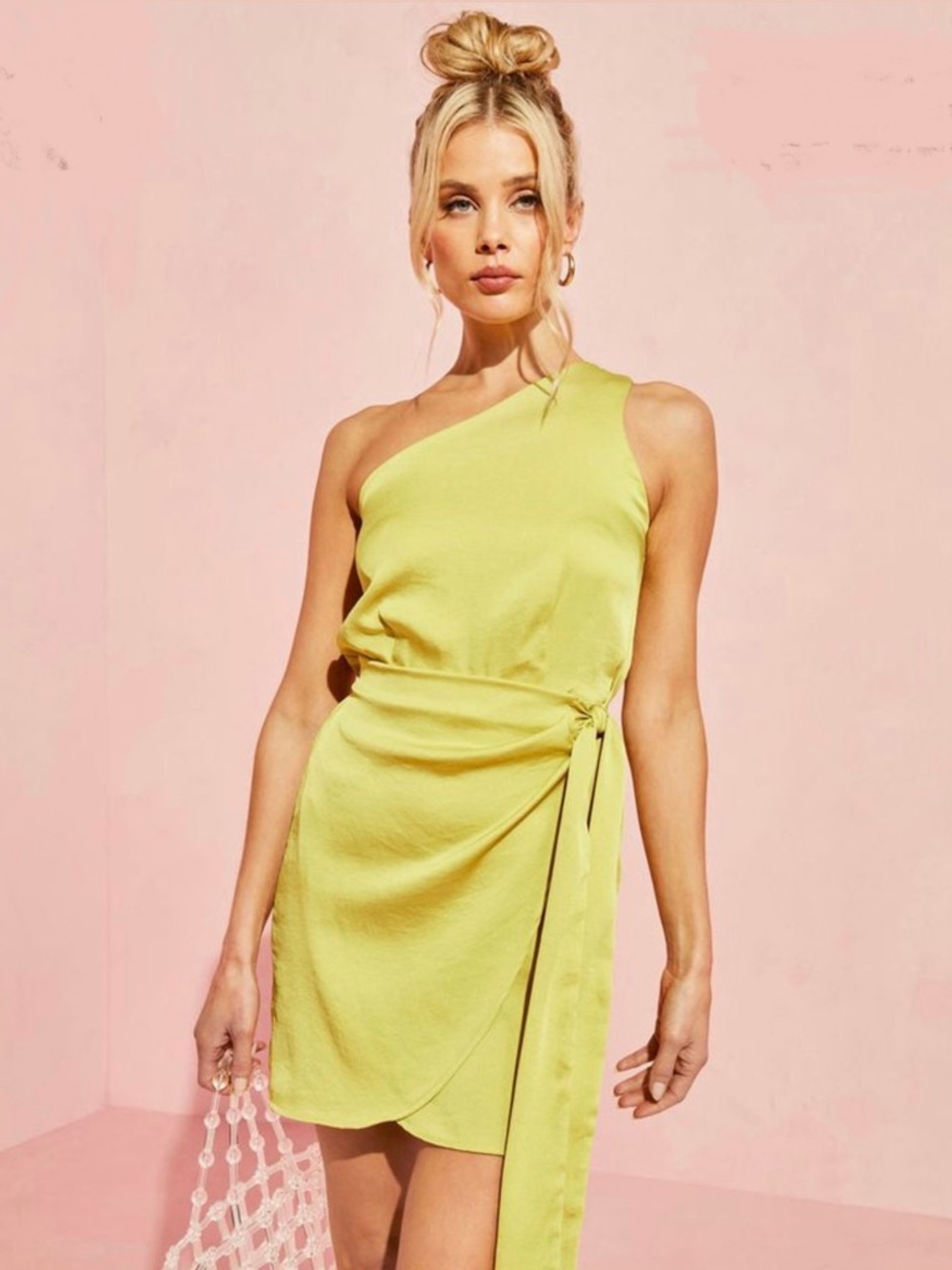 Chartreuse Satin One Shoulder Front Tie Mini Dress- Medium